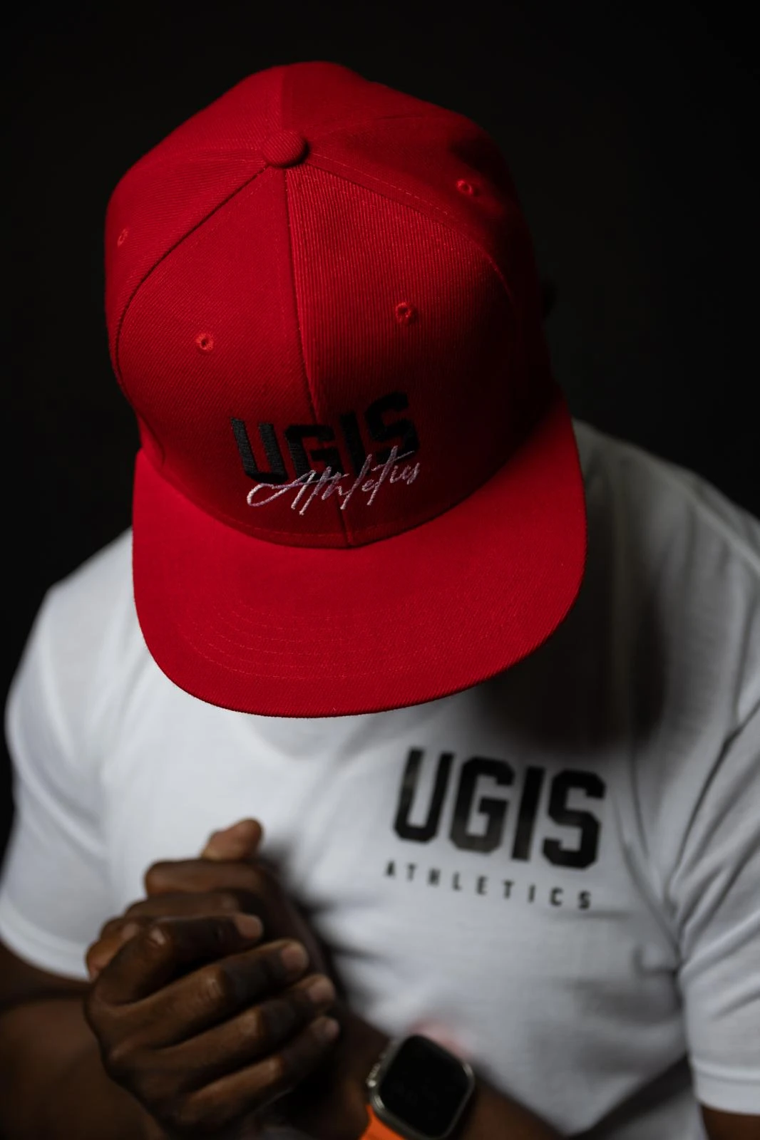 UGIS red snapback hat with white UGIS tee