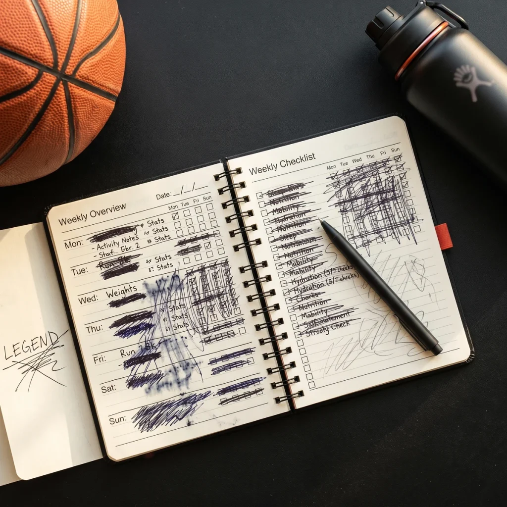 An athlete's weekly training checklist journal with a basketball and water bottle, representing The Complete Athlete Weekly Checklist