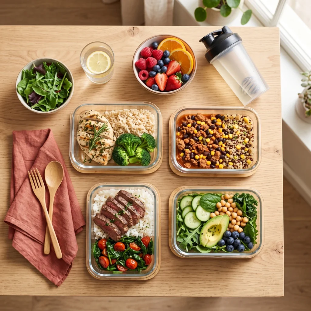 A healthy athlete meal-prep spread with grilled chicken, rice, greens and fruit, representing the 7-Day Athlete Meal Planner