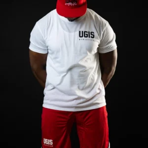 Model wearing white UGIS tee and red UGIS shorts